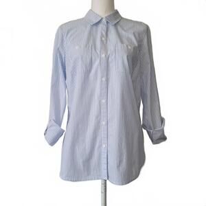 Croft and Barrow Womens Baby Blue Pinstripe Button Up Collared Roll Tab Blouse M